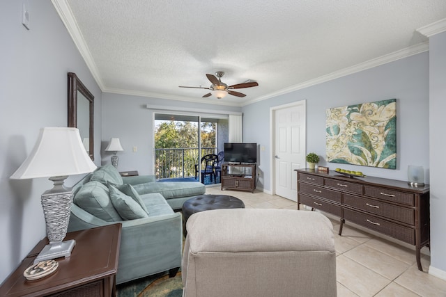 tiled living room with crown molding, a textured ceiling, and ceiling fan