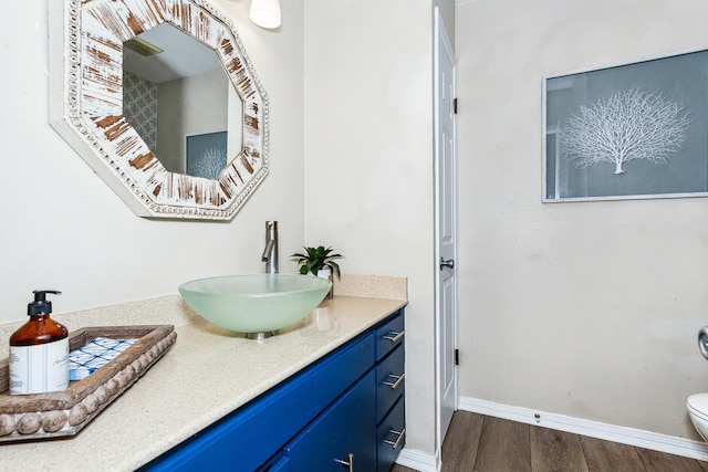 bathroom with vanity, hardwood / wood-style flooring, and toilet