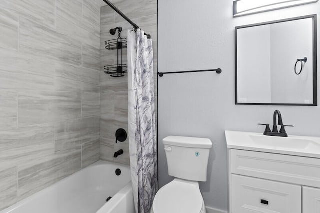 full bathroom with vanity, toilet, and shower / bathtub combination with curtain