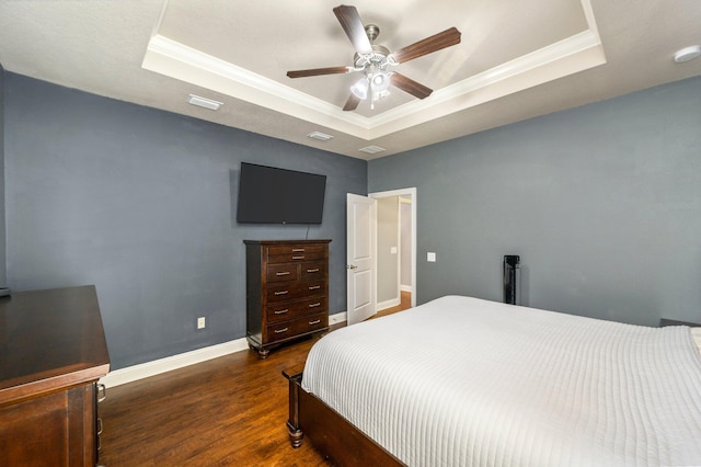 2137 Janet St, Navarre, FL 32566 - bedroom with a raised ceiling, dark wood-style flooring, baseboards, crown molding, and ceiling fan