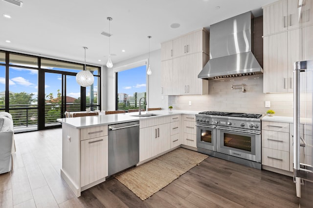 kitchen with wall chimney range hood, sink, kitchen peninsula, stainless steel appliances, and pendant lighting