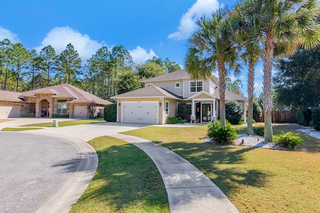 view of front of house featuring a garage and a front lawn