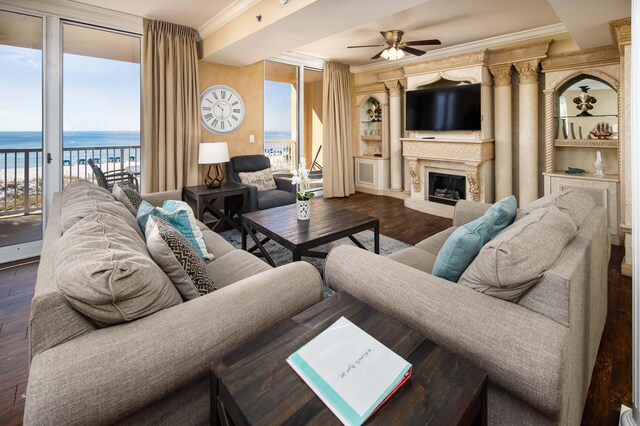 living room featuring a water view, a healthy amount of sunlight, and dark hardwood / wood-style flooring