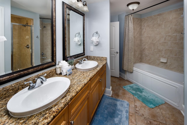 bathroom with vanity, shower / tub combo with curtain, and tile patterned flooring