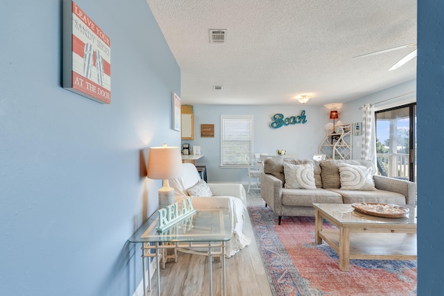 living room featuring hardwood / wood-style flooring and a textured ceiling