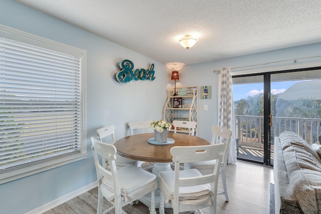 dining space with a mountain view, a textured ceiling, and light hardwood / wood-style floors