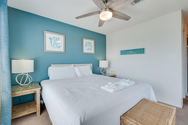 carpeted bedroom featuring ceiling fan