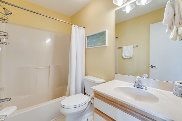 full bathroom with toilet, a textured ceiling, shower / bath combo, and vanity