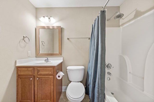 full bathroom with vanity, shower / tub combo with curtain, and toilet