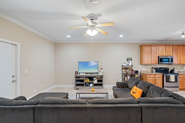 living room with crown molding and ceiling fan