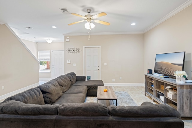 living room featuring crown molding, light tile patterned floors, and ceiling fan