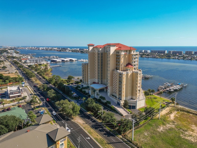 drone / aerial view with a water view