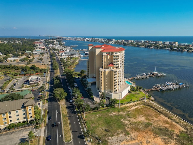 birds eye view of property featuring a water view