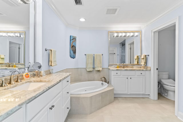 bathroom with tile patterned floors, toilet, ornamental molding, vanity, and tiled tub