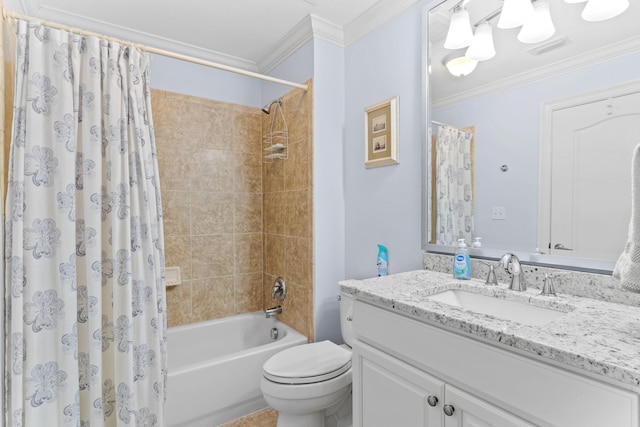 full bathroom featuring vanity, ornamental molding, shower / tub combo with curtain, and toilet