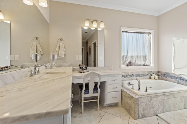 bathroom featuring vanity, ornamental molding, tile patterned flooring, and tiled tub