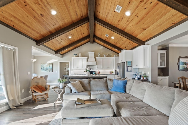 living room with light hardwood / wood-style flooring, lofted ceiling with beams, wooden ceiling, and crown molding