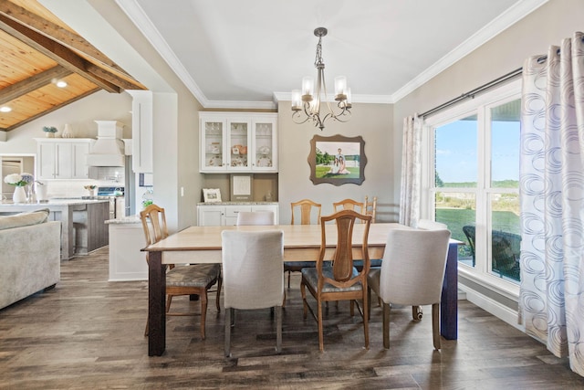 dining room featuring wood ceiling, ornamental molding, lofted ceiling with beams, and dark hardwood / wood-style flooring