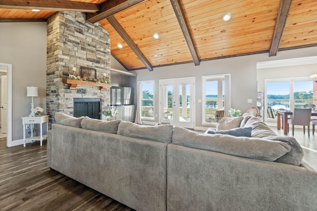 living room featuring high vaulted ceiling, a fireplace, dark hardwood / wood-style floors, and a healthy amount of sunlight