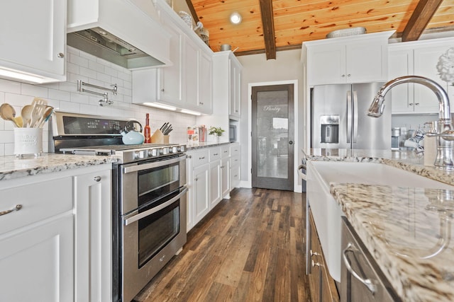 kitchen featuring wood ceiling, stainless steel appliances, dark hardwood / wood-style flooring, and white cabinets