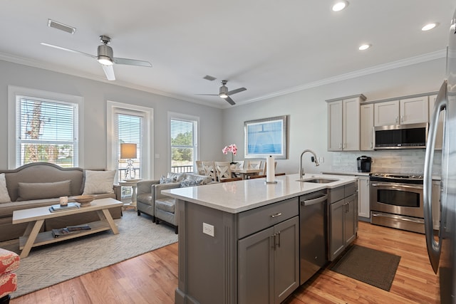 kitchen with gray cabinetry, appliances with stainless steel finishes, sink, light wood-type flooring, and an island with sink