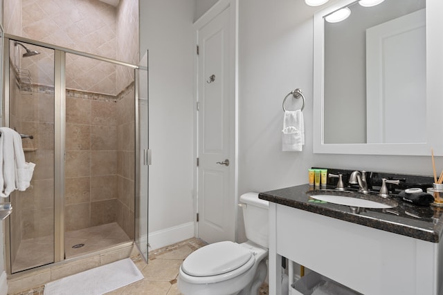 bathroom featuring vanity, tile patterned floors, toilet, and walk in shower