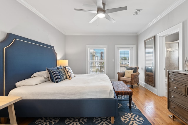 bedroom featuring light hardwood / wood-style flooring, ornamental molding, access to exterior, and ceiling fan