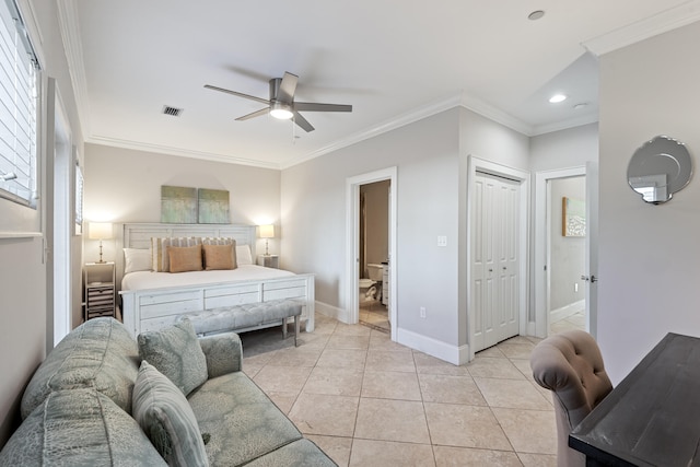 bedroom featuring crown molding, light tile patterned floors, and ceiling fan