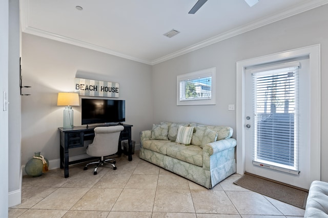 tiled office featuring ornamental molding and ceiling fan