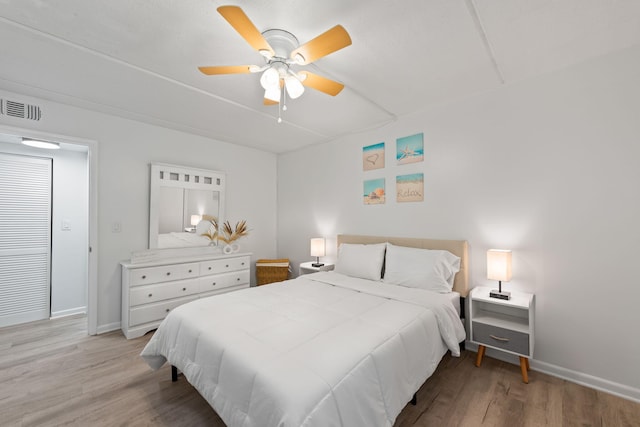 209 W Miracle Strip Pkwy Unit J201, Mary Esther, FL 32569 - bedroom with visible vents, light wood-type flooring, a ceiling fan, and baseboards