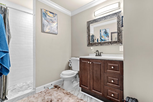 bathroom with vanity, toilet, walk in shower, and crown molding