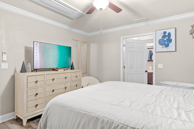 bedroom featuring ceiling fan, hardwood / wood-style floors, and ornamental molding