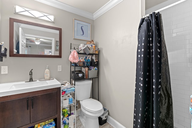 bathroom with walk in shower, vanity, ceiling fan, crown molding, and toilet