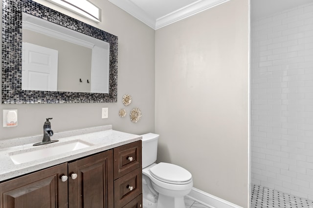 bathroom featuring a tile shower, vanity, crown molding, tile patterned flooring, and toilet