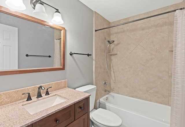 full bathroom with shower / tub combo, vanity, and toilet