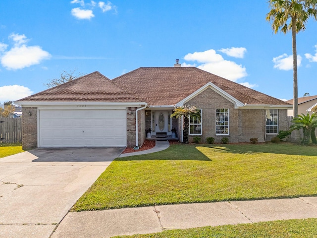 ranch-style house with a garage and a front lawn