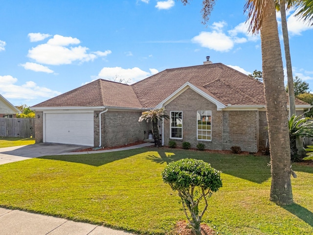 view of front of property with a garage and a front lawn