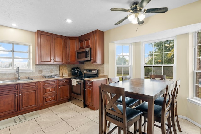 kitchen featuring a wealth of natural light, sink, appliances with stainless steel finishes, and tasteful backsplash