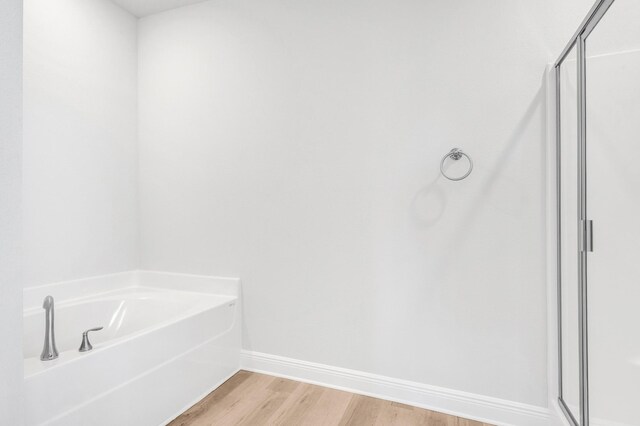 bathroom with hardwood / wood-style floors and plus walk in shower