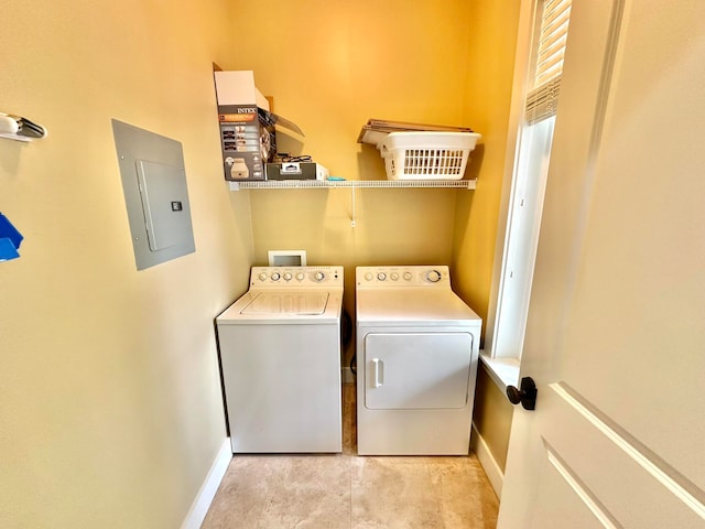 laundry room featuring electric panel and independent washer and dryer