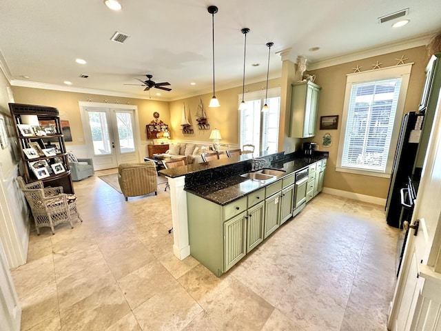 2450 Bungalo Ln, Miramar Beach, FL 32550 - kitchen featuring green cabinets, a sink, ceiling fan, dishwashing machine, and a peninsula