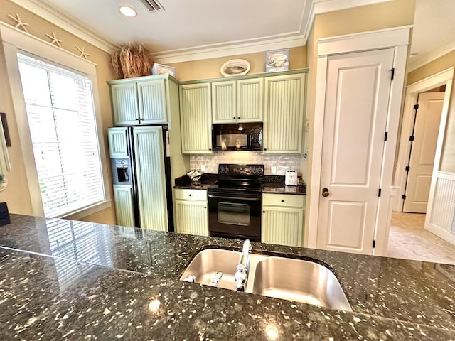 2450 Bungalo Ln, Miramar Beach, FL 32550 - kitchen with black appliances, green cabinetry, ornamental molding, a sink, and decorative backsplash