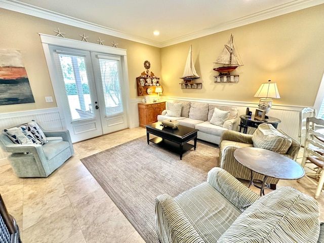 living room featuring french doors and crown molding