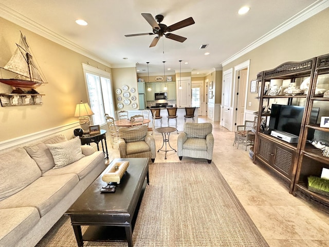 2450 Bungalo Ln, Miramar Beach, FL 32550 - living area with a ceiling fan, ornamental molding, and recessed lighting