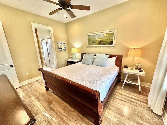 bedroom featuring light wood-type flooring and ceiling fan