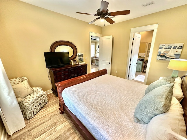 bedroom featuring light hardwood / wood-style flooring and ceiling fan