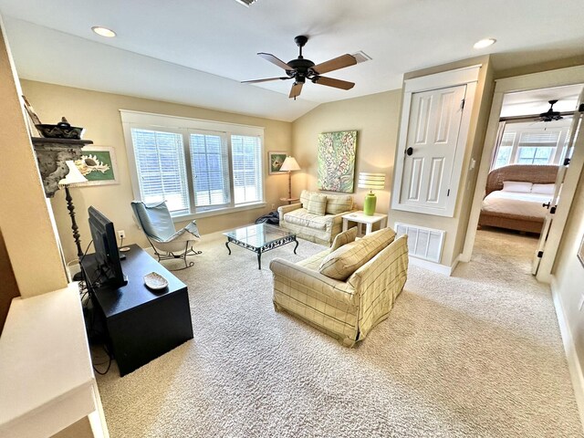 2450 Bungalo Ln, Miramar Beach, FL 32550 - living area with carpet flooring, ceiling fan, recessed lighting, vaulted ceiling, and baseboards