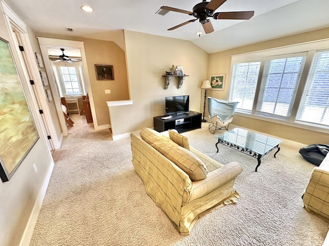 2450 Bungalo Ln, Miramar Beach, FL 32550 - carpeted living area with a ceiling fan, baseboards, recessed lighting, and vaulted ceiling