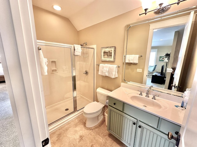 2450 Bungalo Ln, Miramar Beach, FL 32550 - ensuite bathroom with a stall shower, toilet, vanity, and lofted ceiling