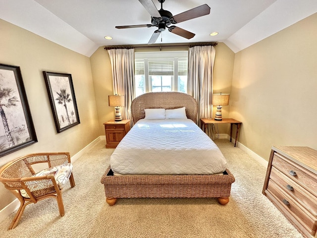 2450 Bungalo Ln, Miramar Beach, FL 32550 - bedroom featuring vaulted ceiling, carpet flooring, baseboards, ceiling fan, and recessed lighting